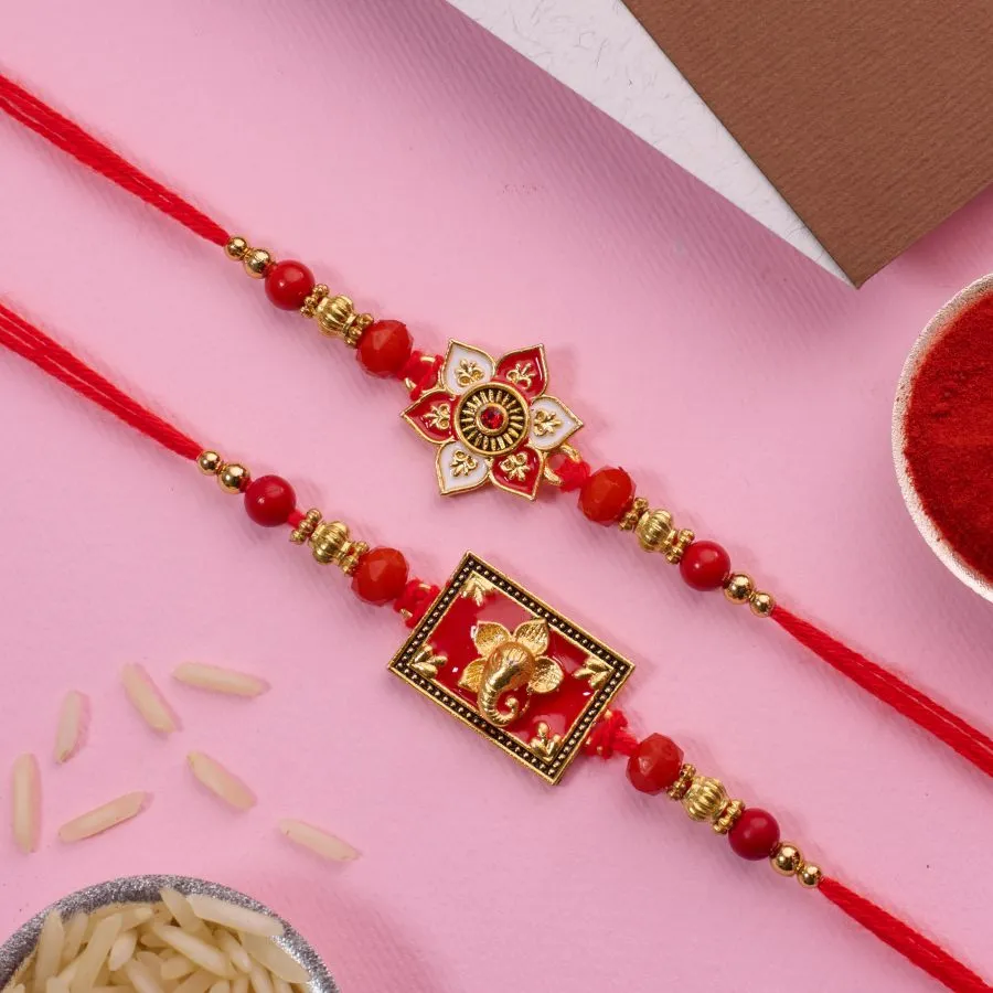 Colorful Ganesh & Floral Rakhi Duo