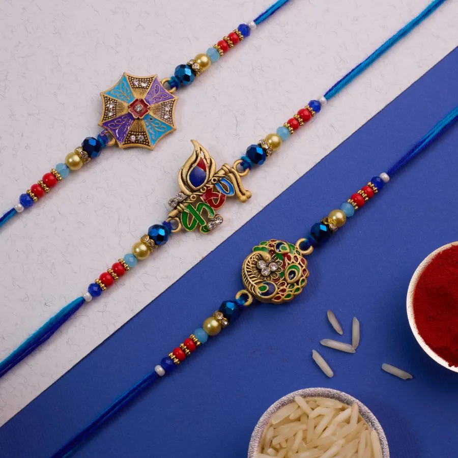 Colorful Peacock & Kundan Rakhi Trio