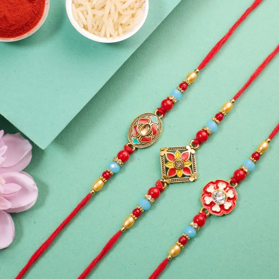 Kundan Elegance: 3 Rakhi Set
