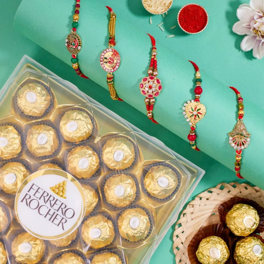 Delicious Rocher Chocolates & Kundan Rakhi Set