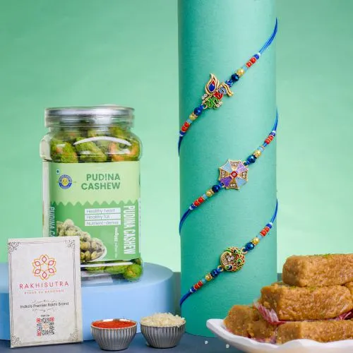 Elegant Kundan Rakhi Trio with Savory N Sweet Treats