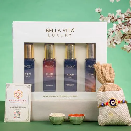 Luxe Evil Eye Rakhi & Perfume Combo